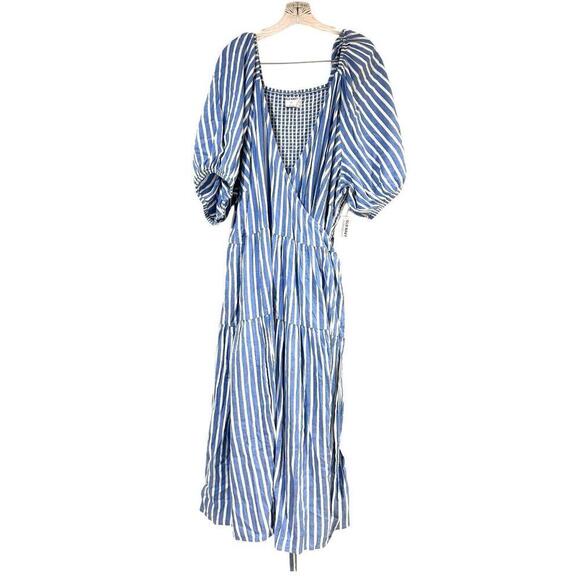 Old Navy Wrap Maxi Dress Womens 4X Blue Striped Puff Sleeve Side Tie Vacation - Picture 9 of 10